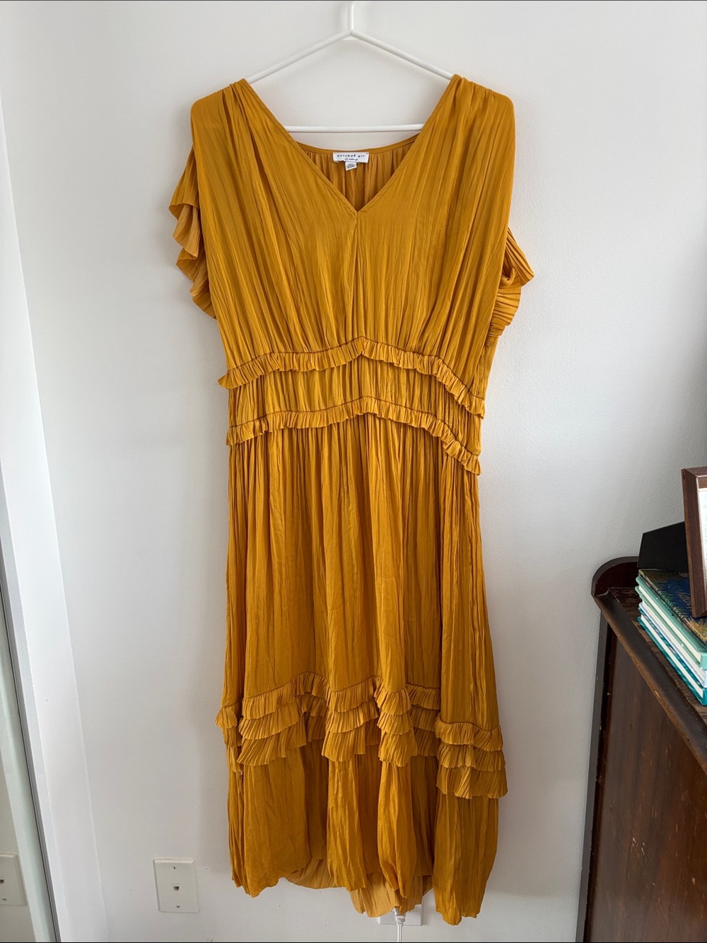 Current Air Mustard Ruffle Tiered Midi Dress